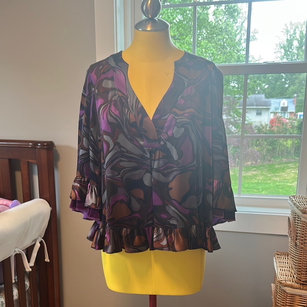 Nanette Lepore Silk Black, Brown, Bronze, Grey, Purple Ruffled 3/4 Sleeve Blouse